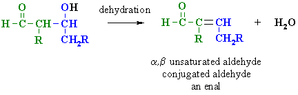 loss of water gives a C=C in a conjugated aldehyde